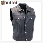 Men's Classic Black Leather Collar Style Motorcycle Vest