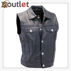 Men's Classic Black Leather Collar Style Motorcycle Vest