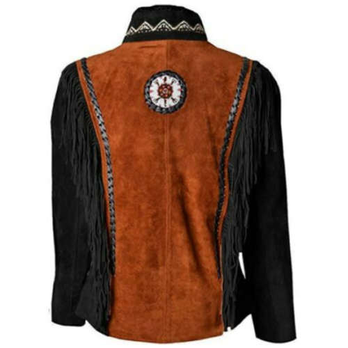 Womens American Native Beaded Style Suede Leather Jacket with Fringed