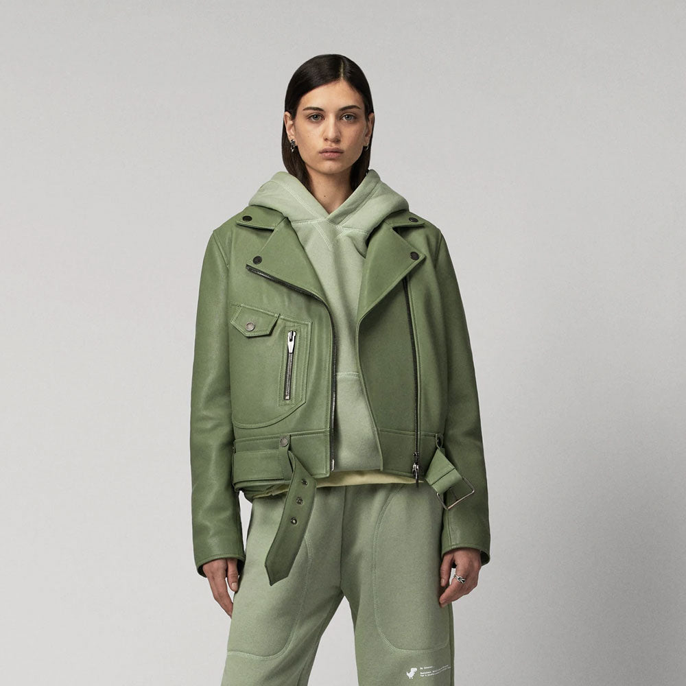 Women's Green Sheepskin Leather Riding Biker Jacket