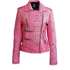 Linda Pink Studded Studs Genuine Leather Jacket