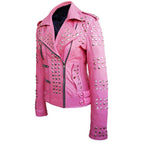 Linda Pink Studded Studs Genuine Leather Jacket