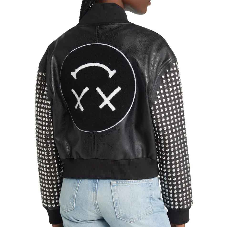Women Leather Varsity Bomber Jacket with Sleeve Studs