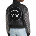 Women Leather Varsity Bomber Jacket with Sleeve Studs