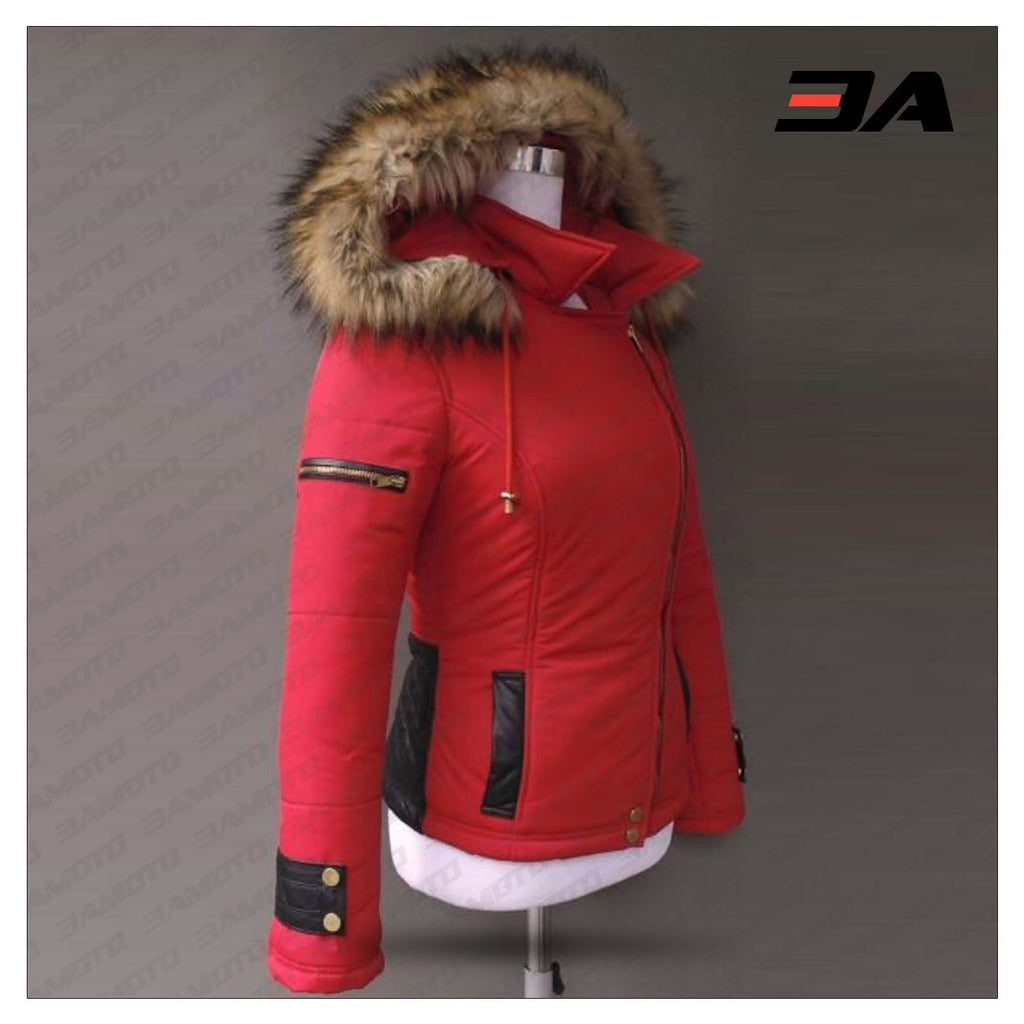 Women's Leather And Fur Down Jacket Red
