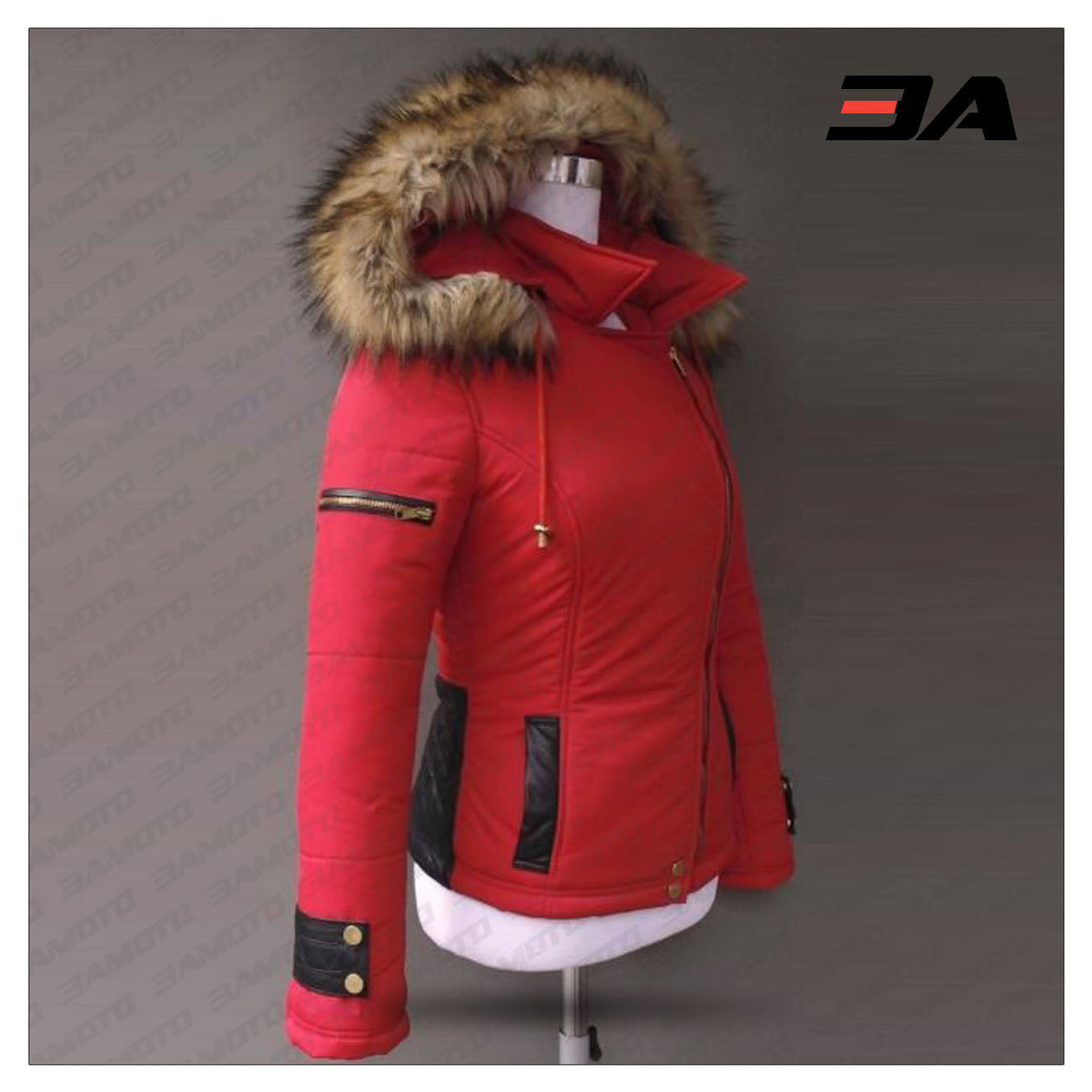 Women's Leather And Fur Down Jacket Red