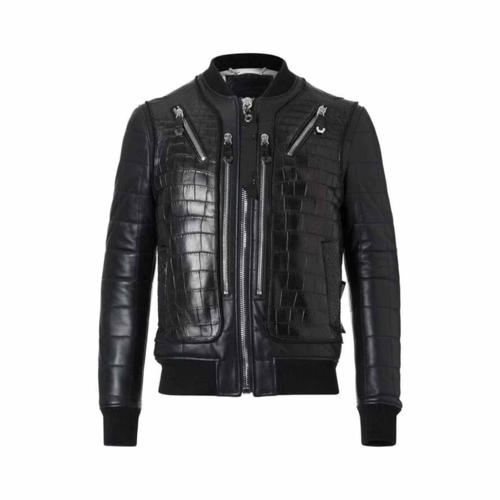 Leather Black Bomber Crocodile Leather Jacket