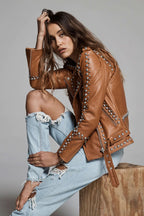 Brown Women Style Silver Spiked Studded Leather jacket