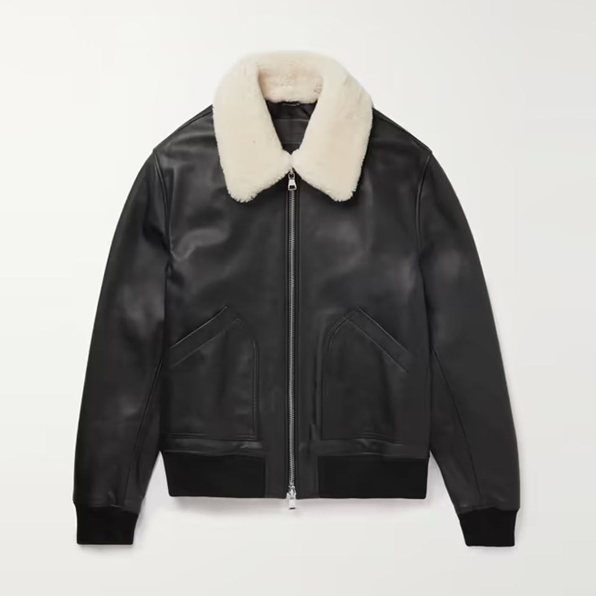 Men Sheepskin Bomber Aviator RAF Flying Fur Collar Black Shearling Leather Jacket
