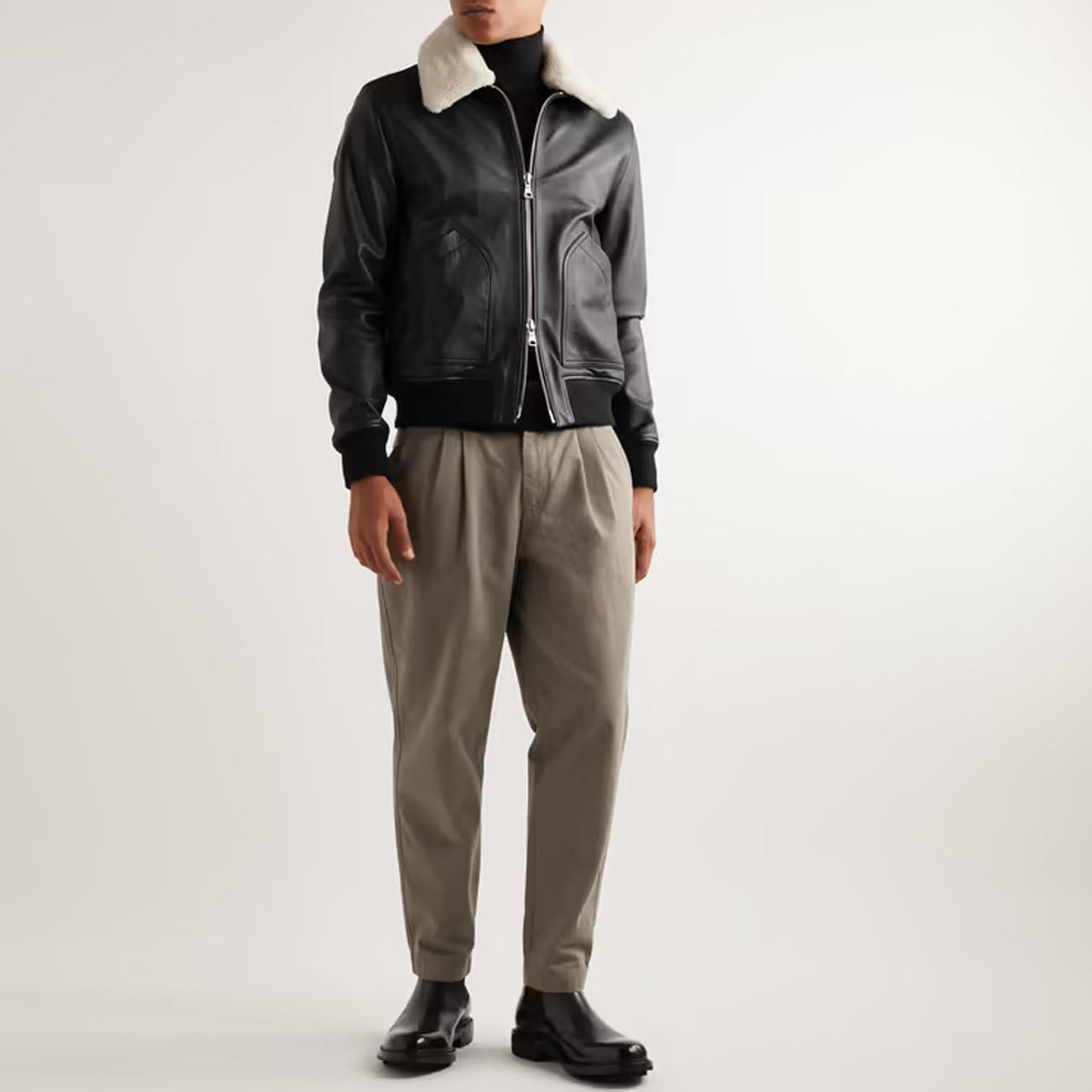Men Sheepskin Bomber Aviator RAF Flying Fur Collar Black Shearling Leather Jacket