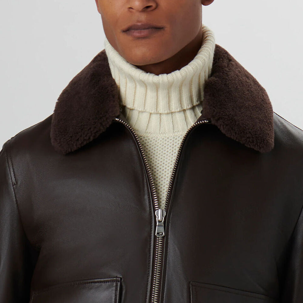Men's Vintage RAF Aviator Shearling G1 Real Brown Leather Bomber Flight Sheepskin Jacket Coat