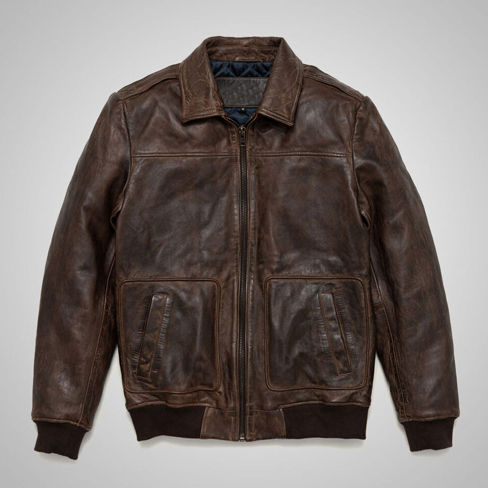 Men's Vintage A2 Flight Pilot Bomber Aviator Real Sheepskin Brown Leather Jacket