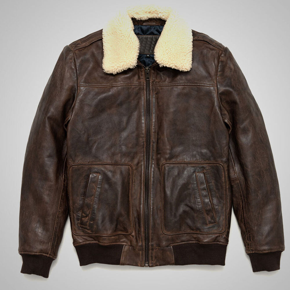 Men's Vintage A2 Flight Pilot Bomber Aviator Real Sheepskin Brown Leather Jacket