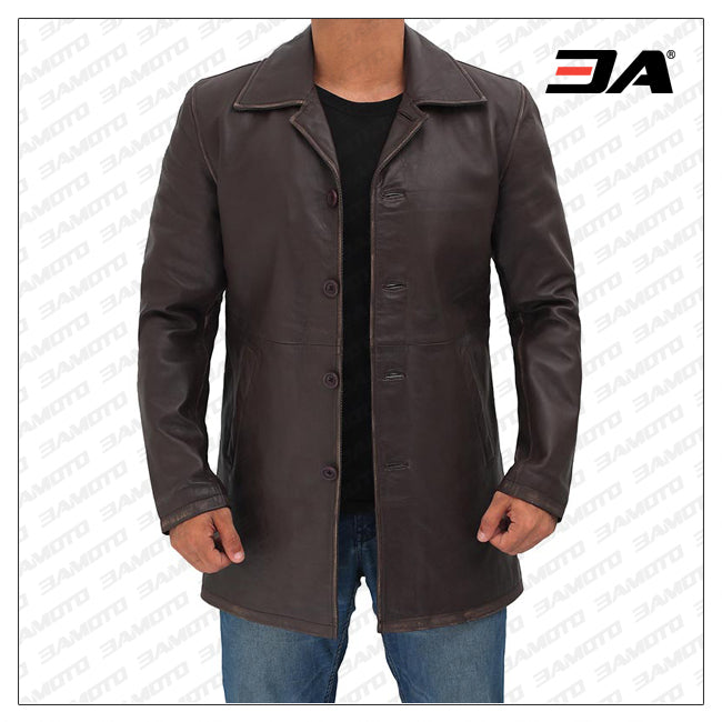 Winchester Distressed Brown Mens Leather Car Coat Jacket