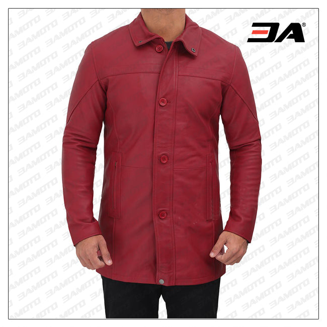 Bristol Genuine Maroon Leather Car Coat Mens