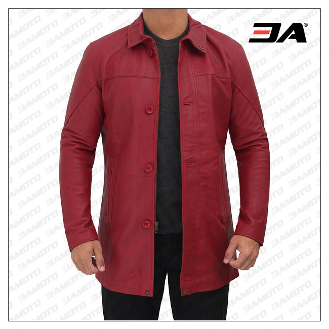 Bristol Genuine Maroon Leather Car Coat Mens