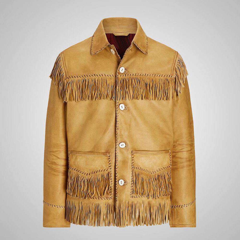 Vintage Real Western Native American Cowboy Rancher Bronze Leather Fringe Jacket For Men