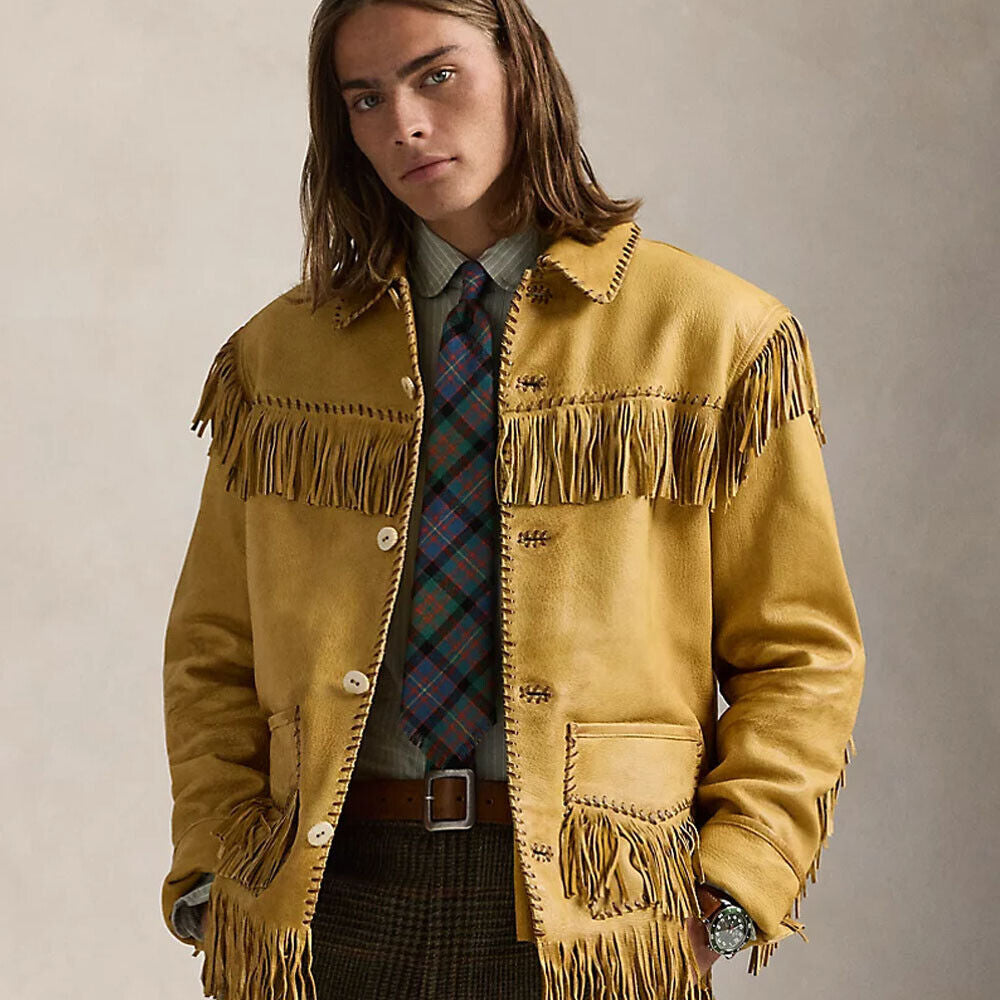 Vintage Real Western Native American Cowboy Rancher Bronze Leather Fringe Jacket For Men
