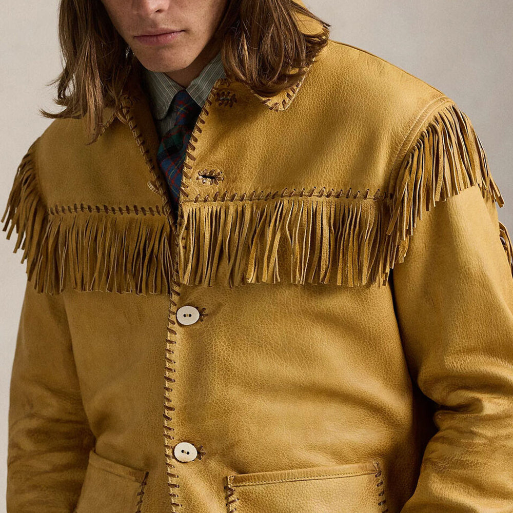 Vintage Real Western Native American Cowboy Rancher Bronze Leather Fringe Jacket For Men
