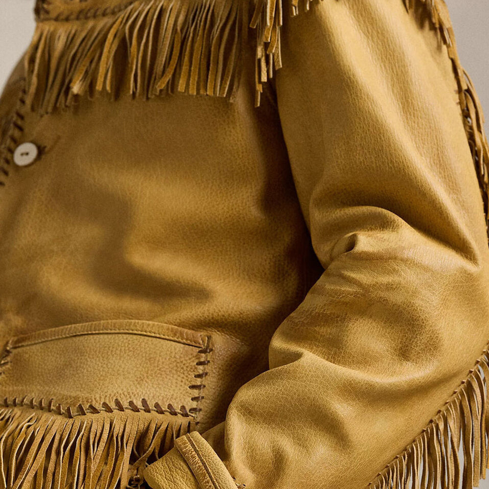 Vintage Real Western Native American Cowboy Rancher Bronze Leather Fringe Jacket For Men