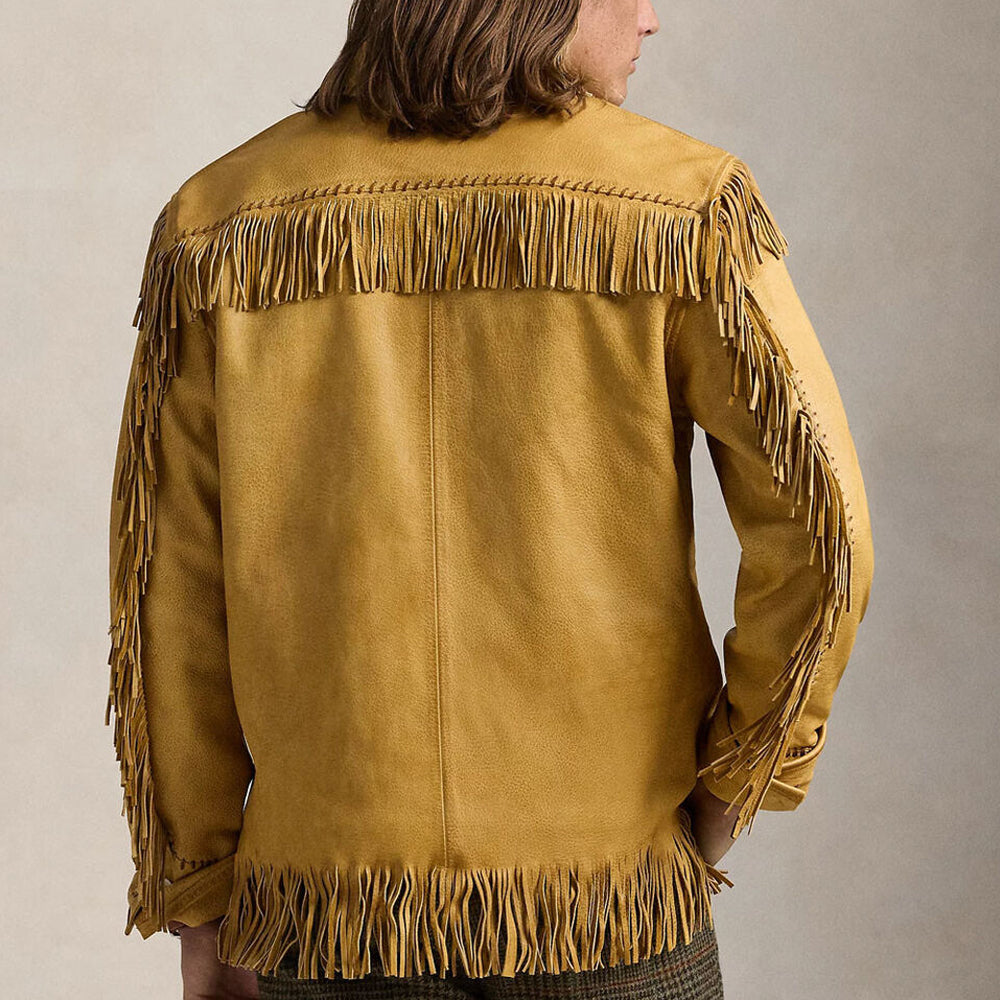 Vintage Real Western Native American Cowboy Rancher Bronze Leather Fringe Jacket For Men