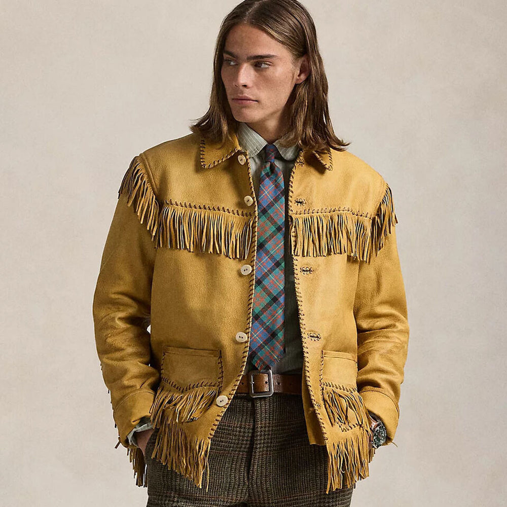 Vintage Real Western Native American Cowboy Rancher Bronze Leather Fringe Jacket For Men
