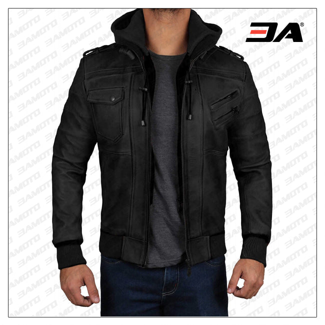 Edinburgh Black Hooded Leather Jacket