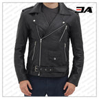 Black Asymmetrical Slim Fitted Rider Belted Leather Jacket
