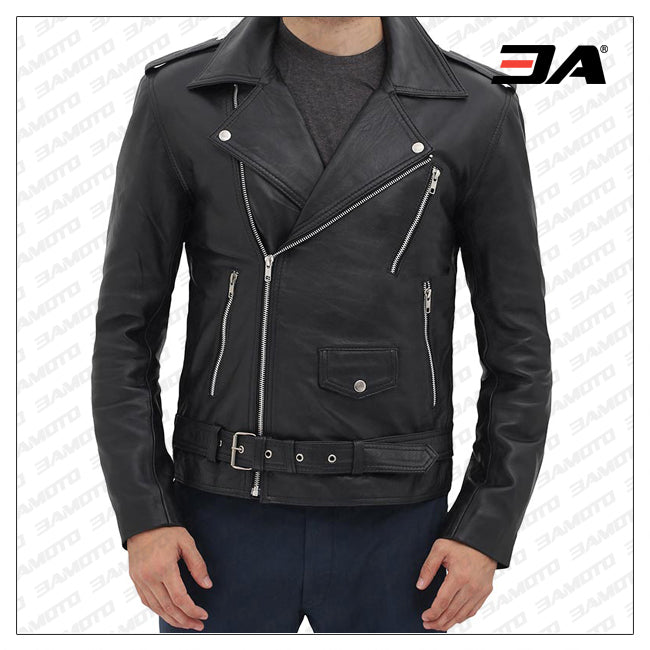 Black Asymmetrical Slim Fitted Rider Belted Leather Jacket