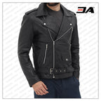 Black Asymmetrical Slim Fitted Rider Belted Leather Jacket