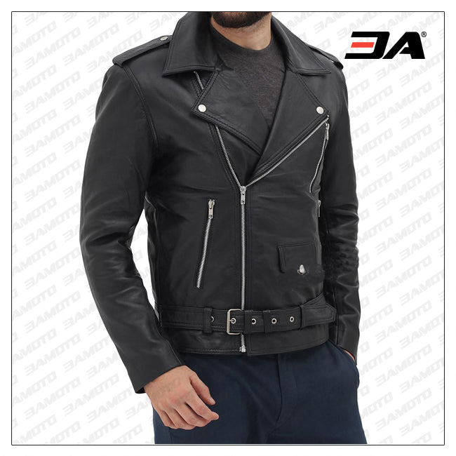Black Asymmetrical Slim Fitted Rider Belted Leather Jacket
