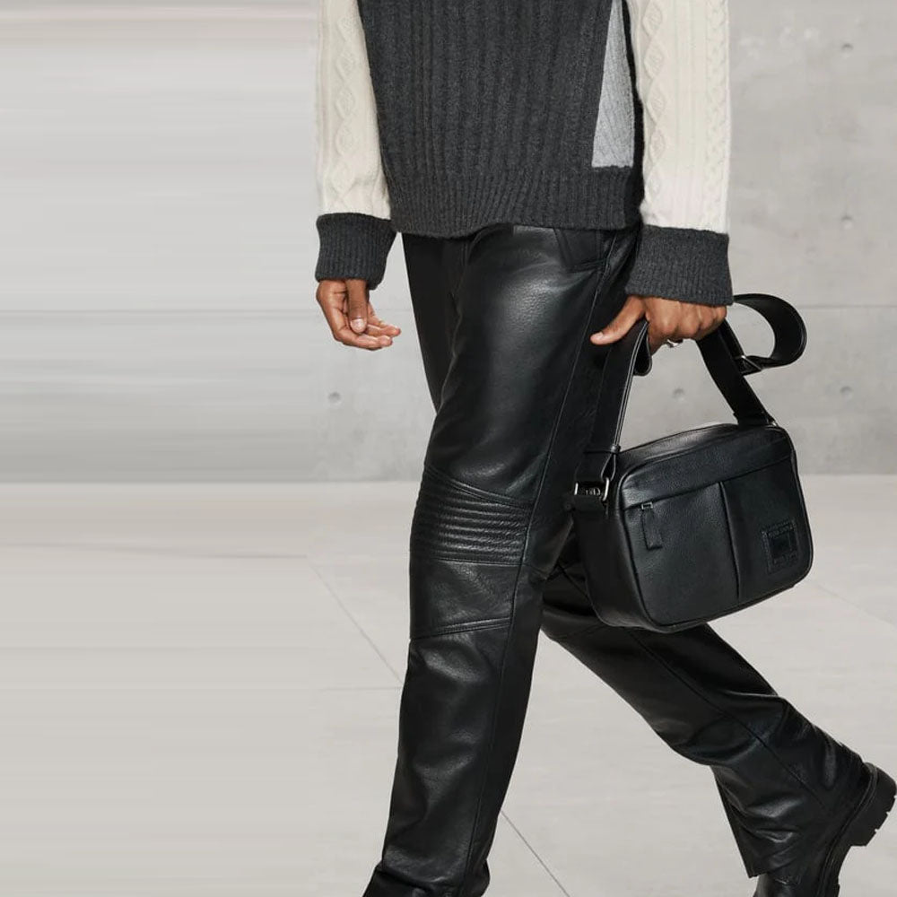 Black Men Real Sheepskin Leather Biker Pants