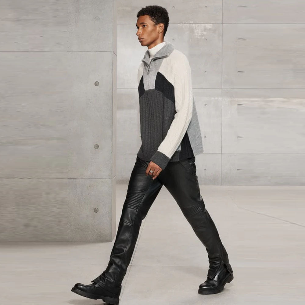 Black Men Real Sheepskin Leather Biker Pants