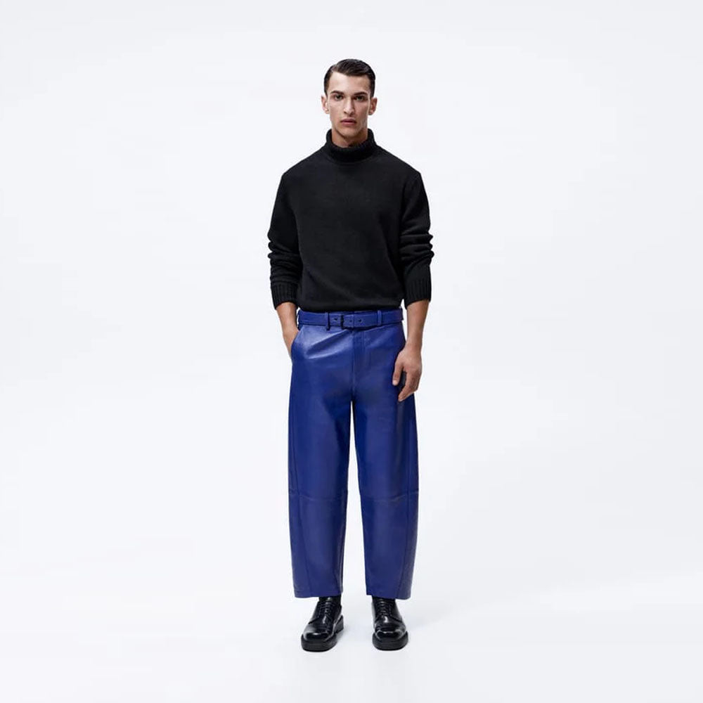 Blue Mens Sheepskin Leather Real Biker Pants
