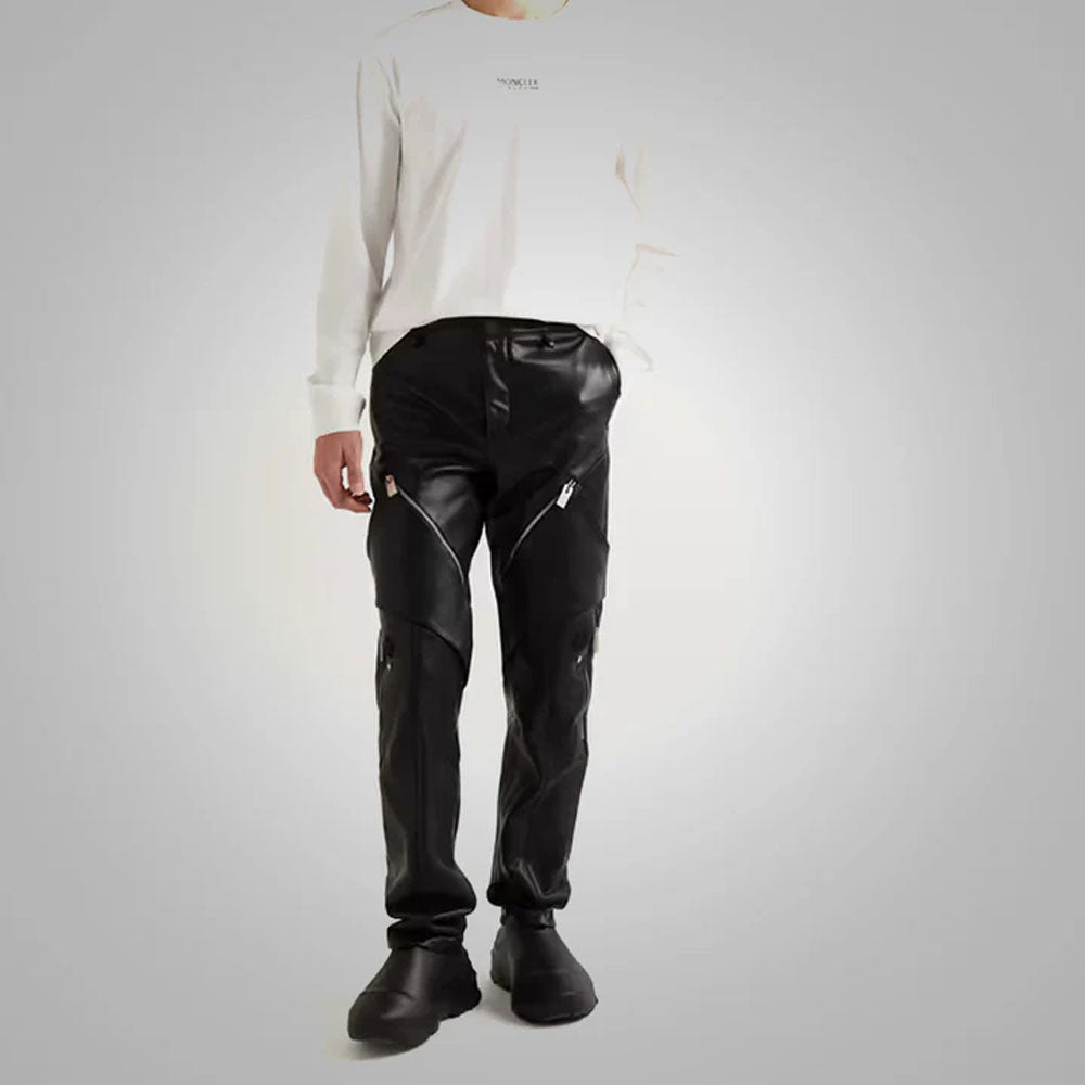 Black Men Real Sheepskin Fashion Leather Biker Pants