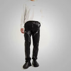 Black Men Real Sheepskin Fashion Leather Biker Pants