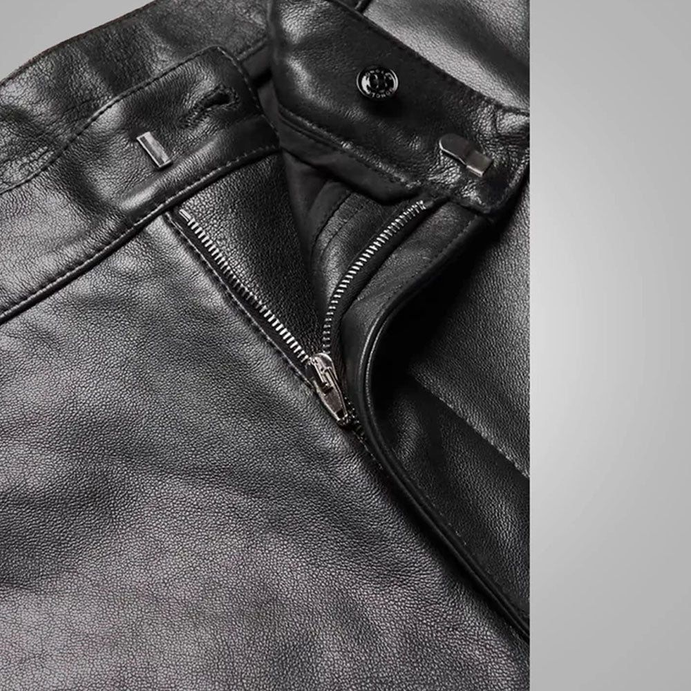 Black Men Real Sheepskin Fashion Leather Biker Pants