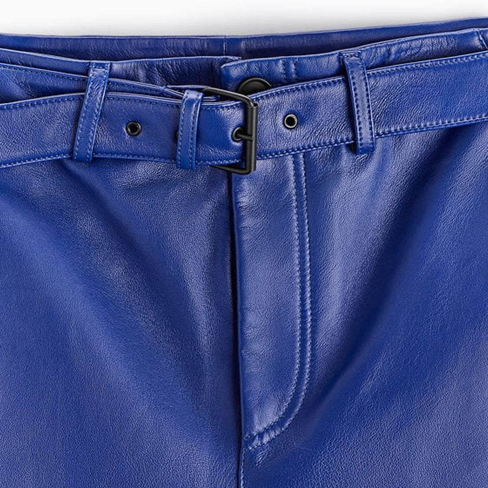 Blue Mens Sheepskin Leather Real Biker Pants