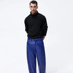 Blue Mens Sheepskin Leather Real Biker Pants