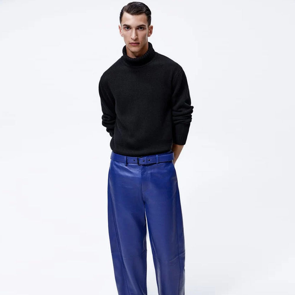 Blue Mens Sheepskin Leather Real Biker Pants