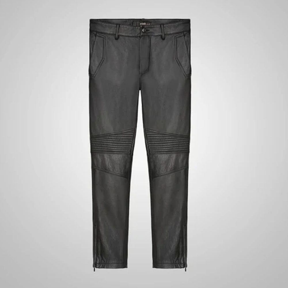 Black Men Real Sheepskin Leather Biker Pants