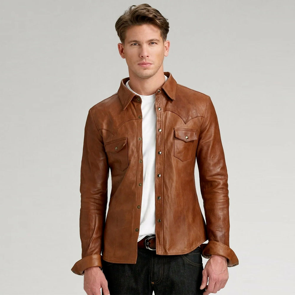 Men's Brown Lambskin Leather Shirt Jacket Front Snap Button Up Shirt Coat