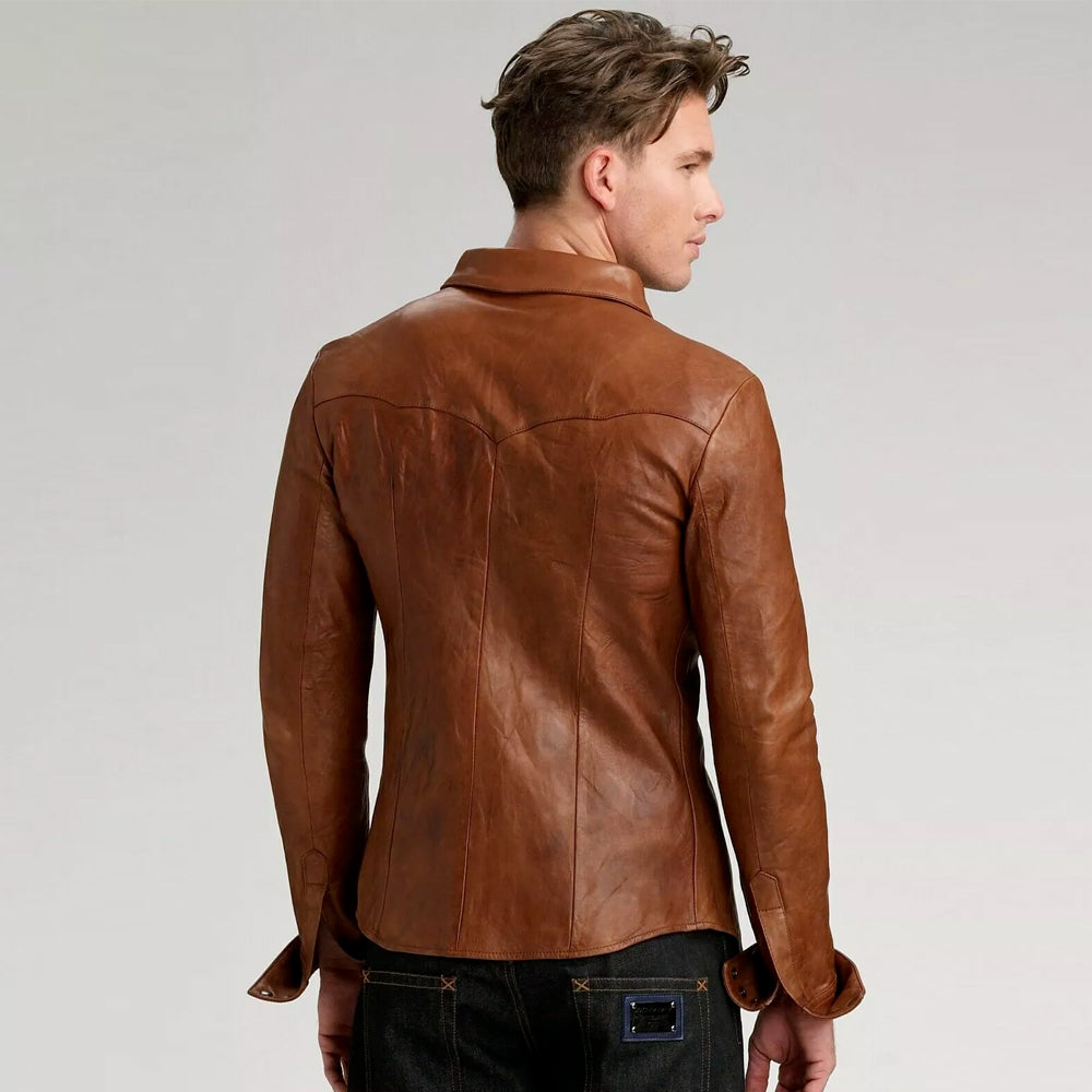 Men's Brown Lambskin Leather Shirt Jacket Front Snap Button Up Shirt Coat