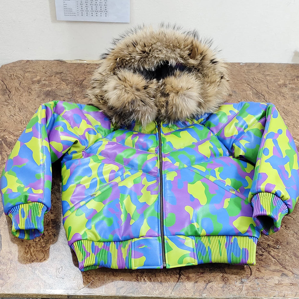 Men's Camo Sheepskin Leather V-Bomber Jacket – 100% Duck Down, Real Fur Hood