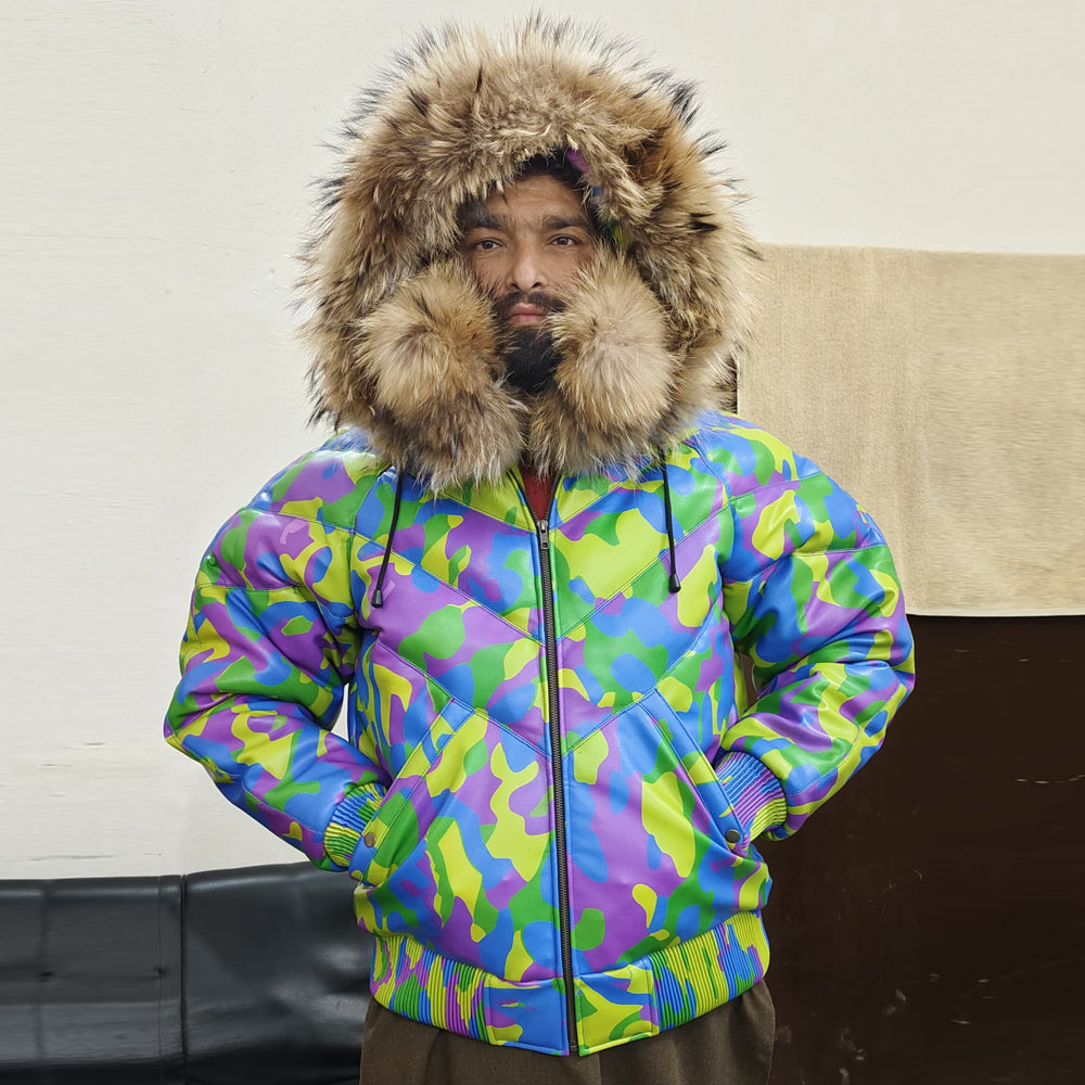 Men's Camo Sheepskin Leather V-Bomber Jacket – 100% Duck Down, Real Fur Hood