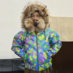 Men's Camo Sheepskin Leather V-Bomber Jacket – 100% Duck Down, Real Fur Hood