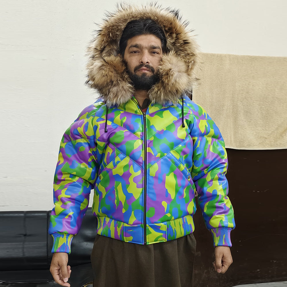 Men's Camo Sheepskin Leather V-Bomber Jacket – 100% Duck Down, Real Fur Hood