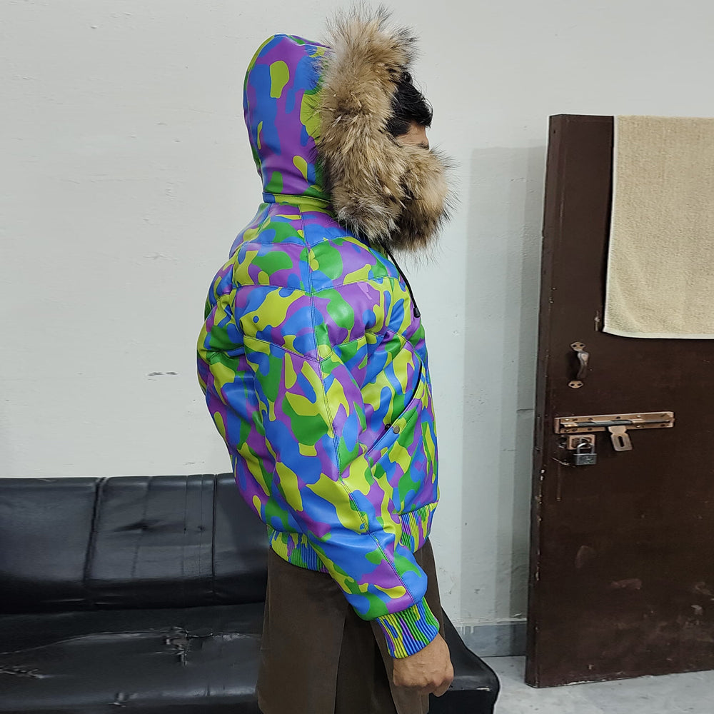 Men's Camo Sheepskin Leather V-Bomber Jacket – 100% Duck Down, Real Fur Hood