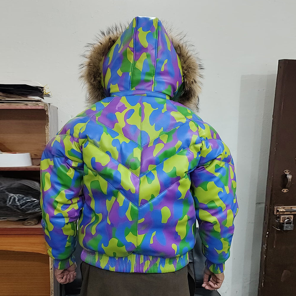 Men's Camo Sheepskin Leather V-Bomber Jacket – 100% Duck Down, Real Fur Hood