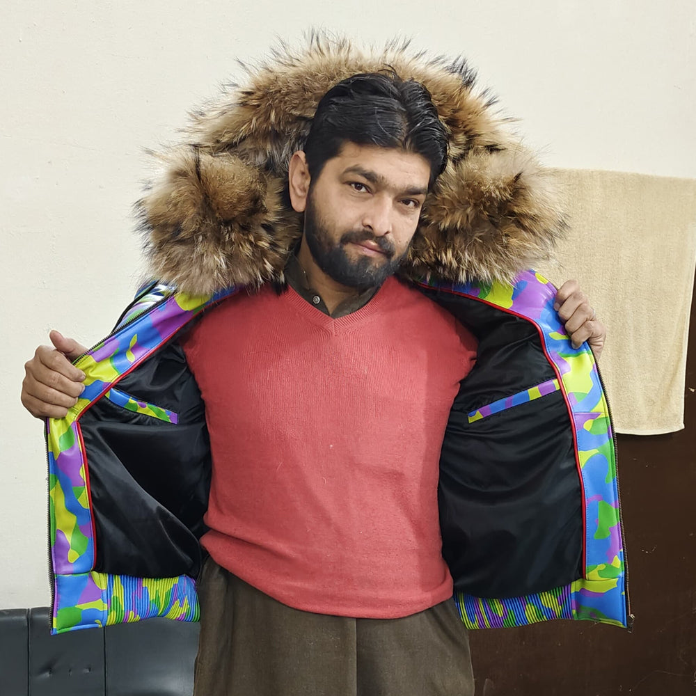 Men's Camo Sheepskin Leather V-Bomber Jacket – 100% Duck Down, Real Fur Hood